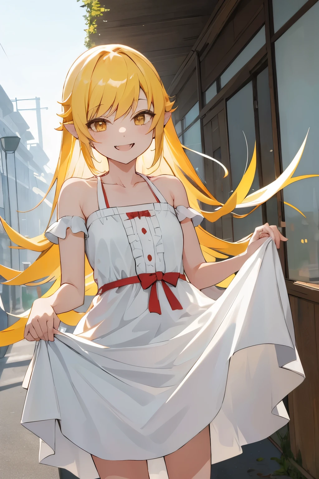 masterpiece, best quality, highres, aashinobu, aged down, long hair, pointy ears, white dress, standing, cowboy shot, smile, fang, outdoors, (dress lift)