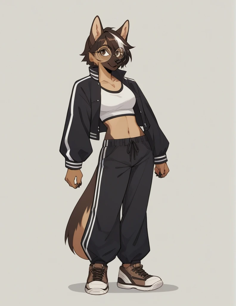独奏, score_9, score_8_up, score_7_up, score_6_up, score_5_up, source_アニメ, score_4_up, German Shepherd Anthro, Female One, perfectbody, Medium chest, chestnut hair, white streak in bangs, brown dark eyes, cropped preto, elongated fur-lined jacket, baggy pants (black pants), looking at the viewer, round glasses (white glasses), black sneakers (brown sneaker sole)