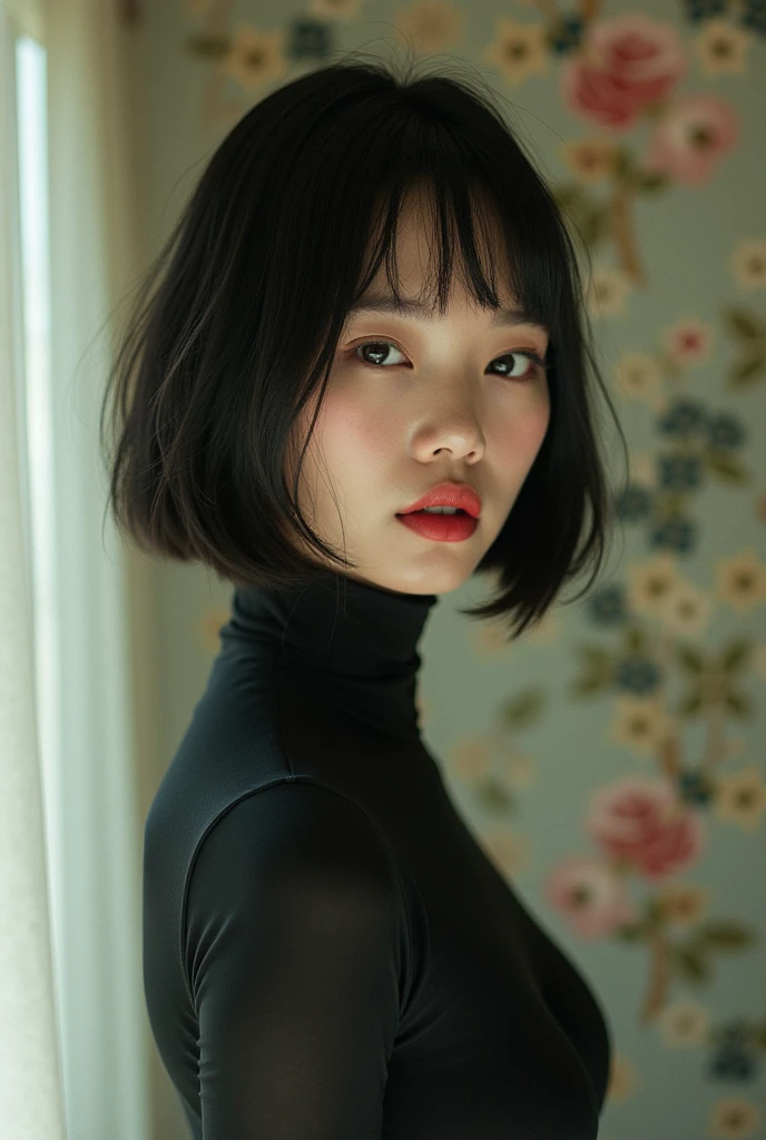 A woman with black hair and eyes, white skin, blue clothes with some black details and black high heel boots.