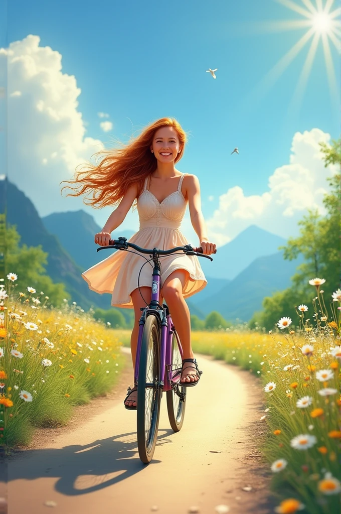 Jeune femme se promenant seule à vélo sur une piste cyclable déserte