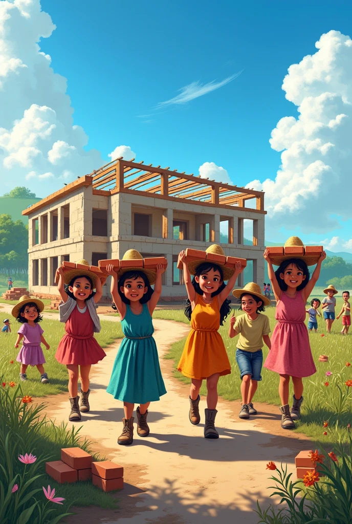 Latino families helping to build a school by carrying bricks