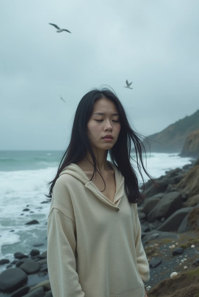 Depressed，at the seaside，Asian
