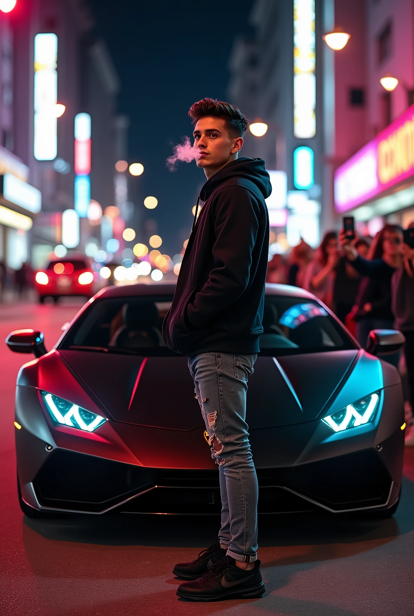 (photorealism:1.2), very stylish handsome boy, tight scars jeans, vaping beside his new random super cars(randomize glossy color), (random camera angle), smokes streets, girls are taking his picture by cellphones, the traffic lights and marks, low angle camera shots, nike black sneakers, car lights in the streets at nights