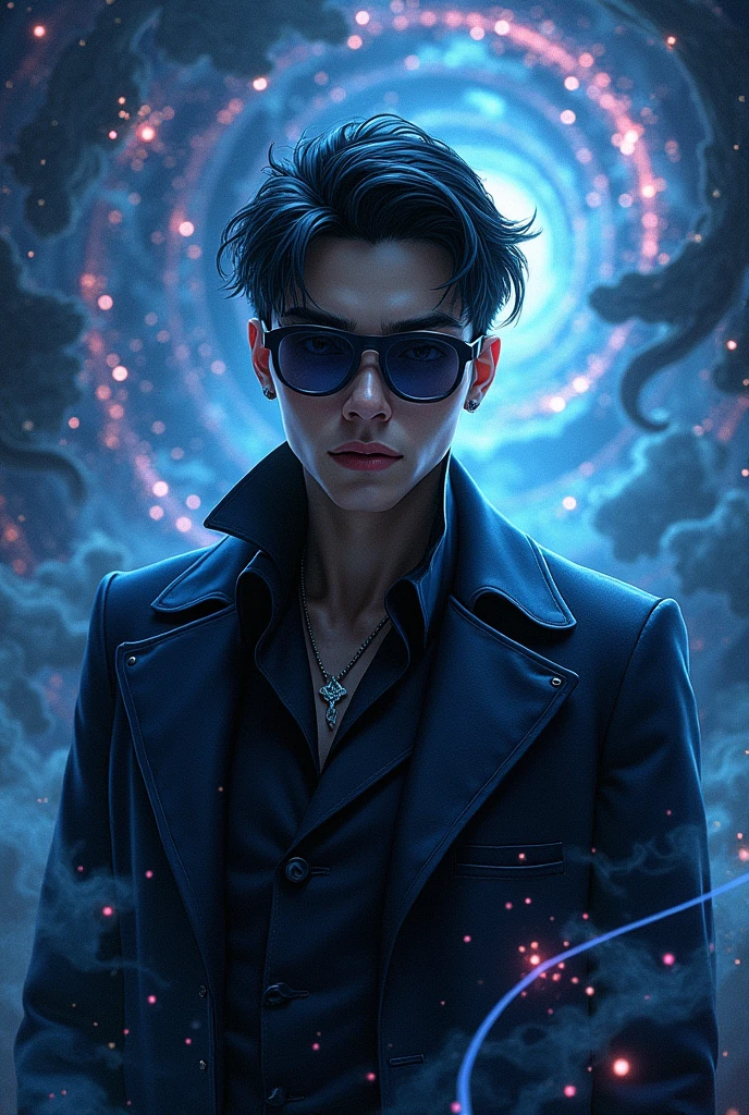 Create a male character who has black hair, wears glasses, black eyes and has the power to manipulate the strings of reality and manipulate the cryptic multiverse.