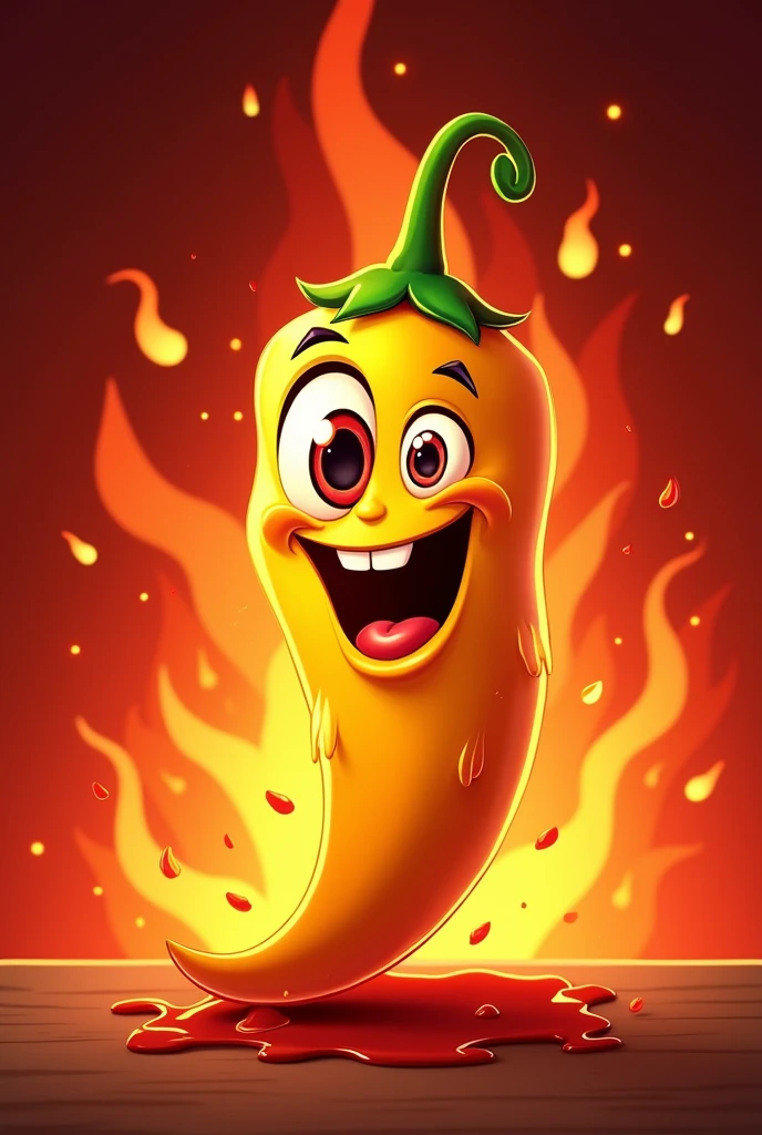 Hot sauce logo, based on yellow habanero chili, It will be called chiloko, it could be a yellow habanero chili with a crazy face, But nice , with flames in the background