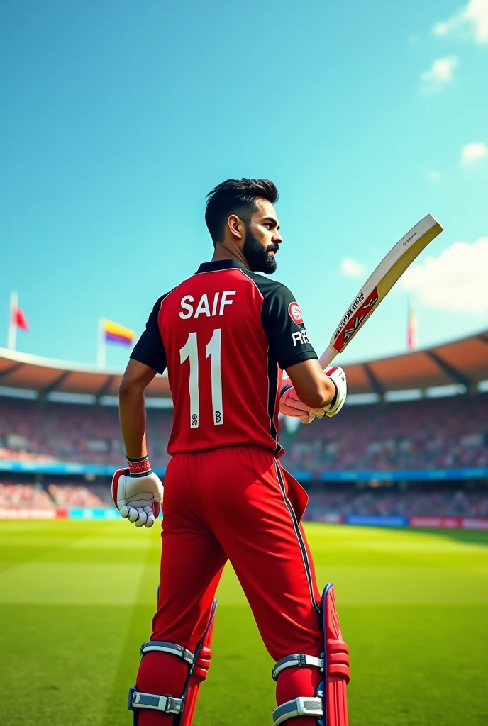 Imagine/ Virat Kohli ke upar saif likha ho aur usne RCB ki Jersey pahani Ho aur MRF ke bat se cricket 
khel raha ho