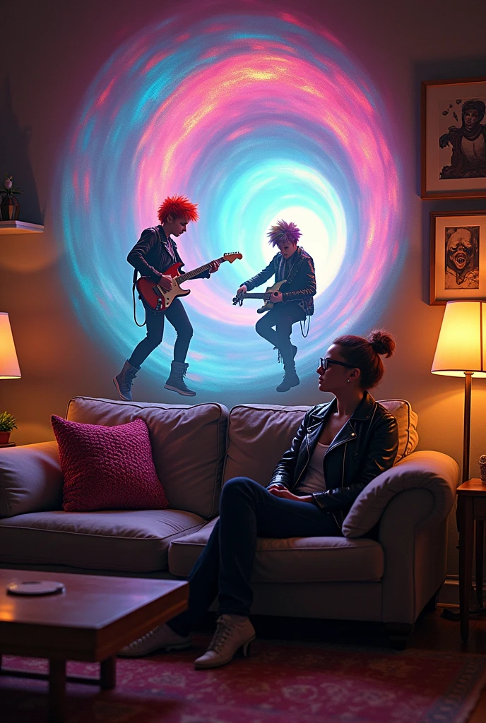A woman sitting on a sofa with glasses looking towards a portal that opened in the living room,Inside the portal there are 2 punk teenagers in a musical battle with an alien