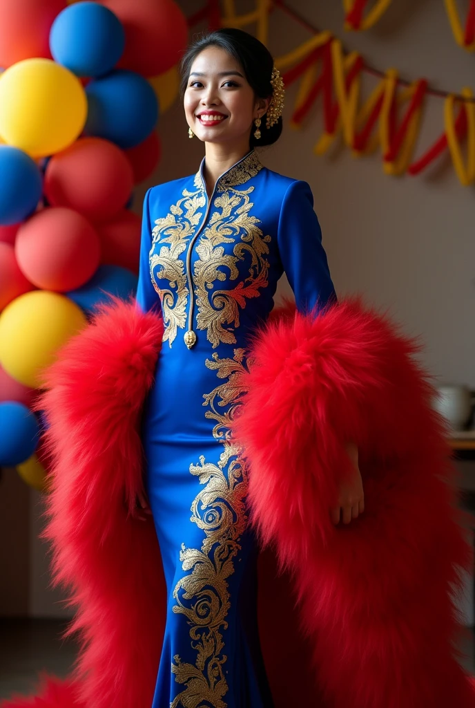 Malaysian Independence dress themed baju kebaya. Blue kebaya dress, red fluffy cloth, covered in red