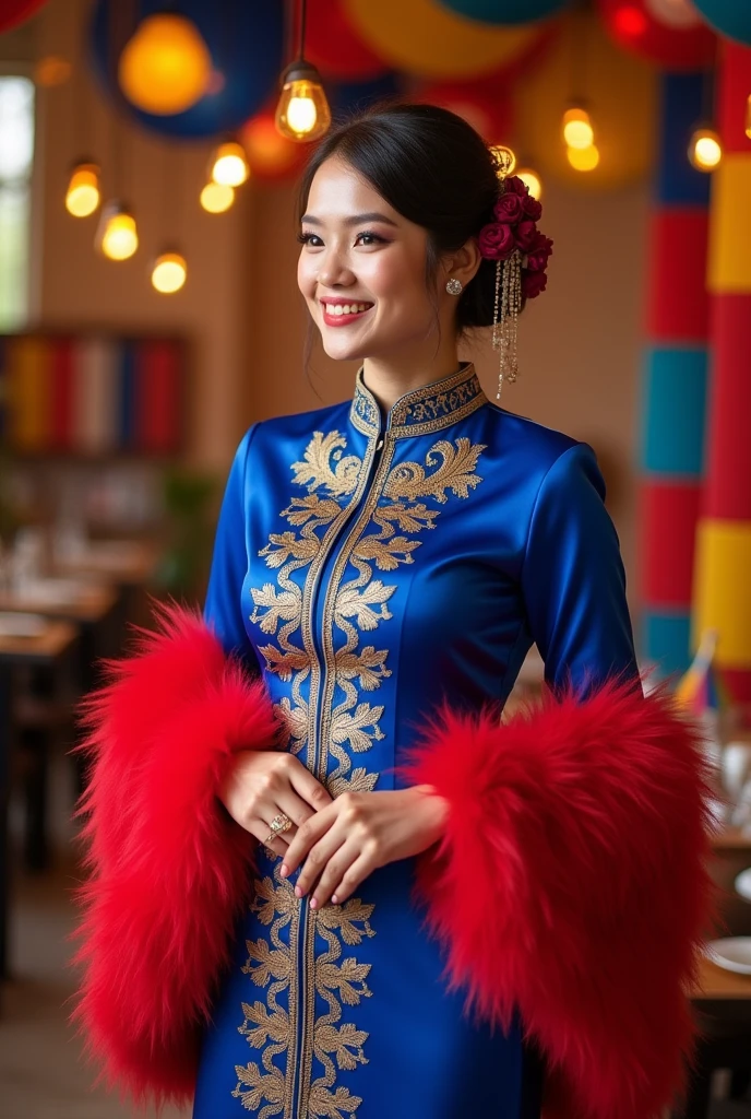Malaysian Independence dress themed baju kebaya. Blue kebaya dress, red fluffy cloth, covered in red