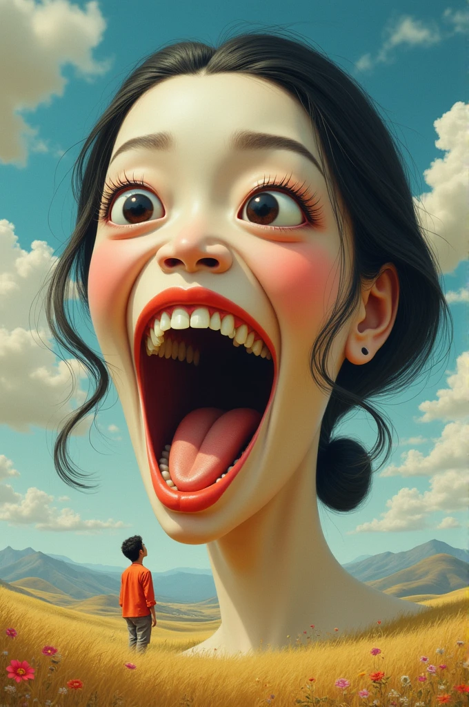 Huge naked Japanese woman with huge mouth and eyes open、1She tries to suck a tiny man into her big mouth。