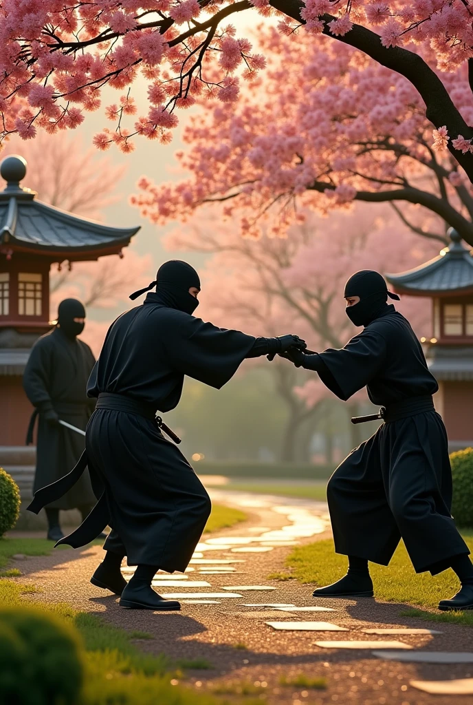 Japanese ninja in ninja uniform training head-on with other ninjas in the afternoon