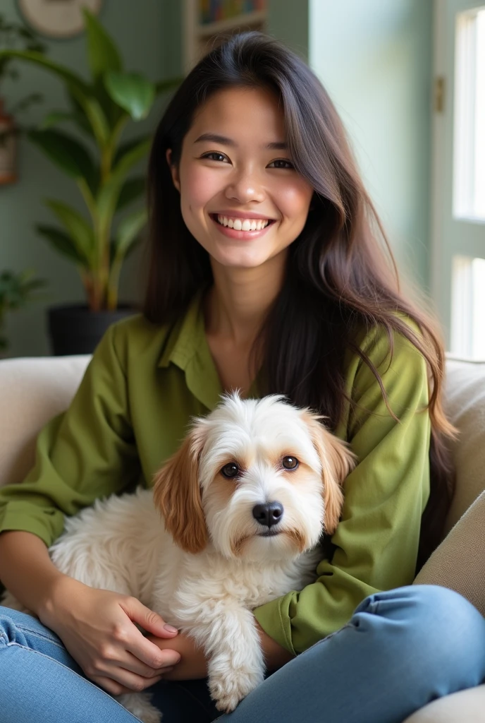 one , long dark hair, skin fair, with a smile on your face, wearing a green blouse and blue jeans, and holding a Palmerian Lulu dog on her lap