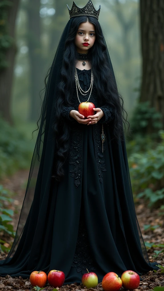 girl,Black long hair,Black Queen,Accessories,Apple in hand,Poison apples,Witch Queen,Red lipstick