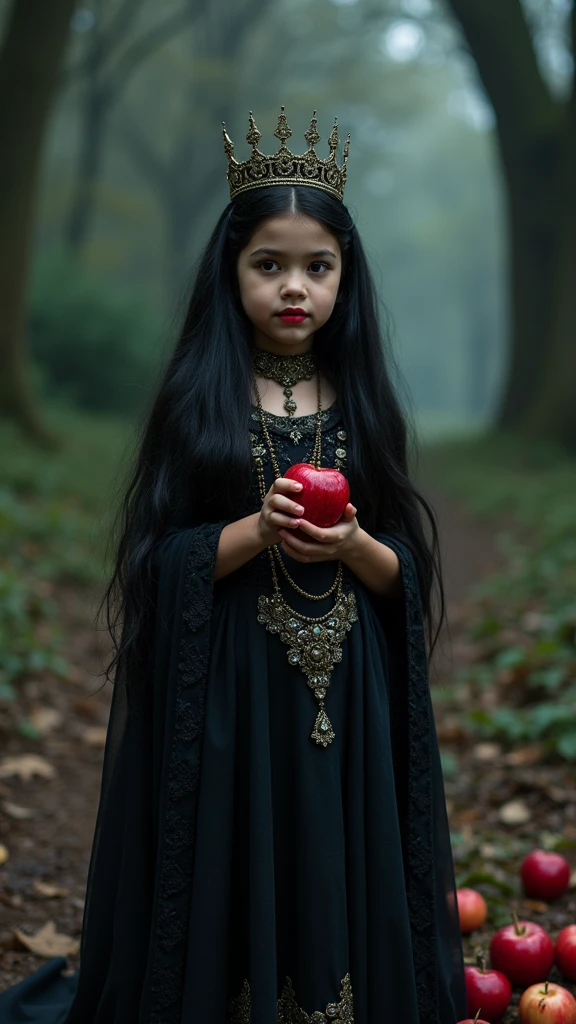 girl,Black long hair，Black Queen，Accessories，Apple in hand，Poison apples，Witch Queen，Red lipstick