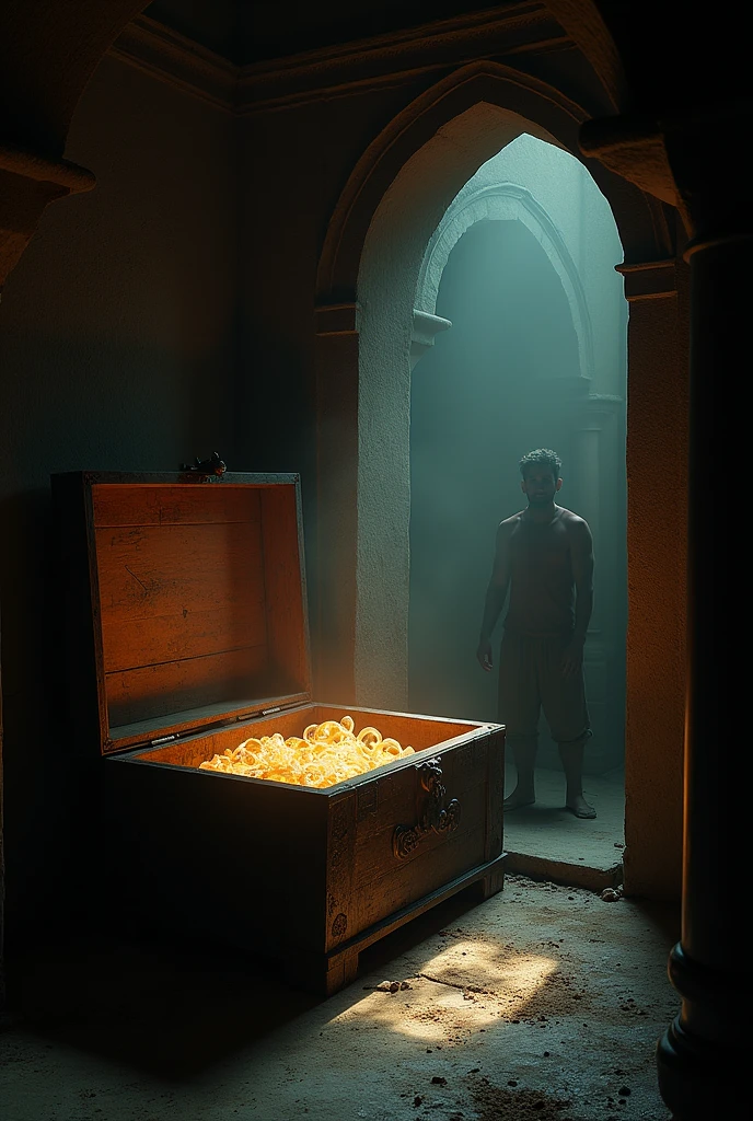 [Scene 4: The Old Chest Opening on Its Own]
Prompt: An old, wooden chest creaking open on its own in the middle of the haveli’s dark room. Inside, a faint glow can be seen, with a mysterious object barely visible. Farhan is startled, ready to run, while Ahmed looks determined to discover what’s inside.