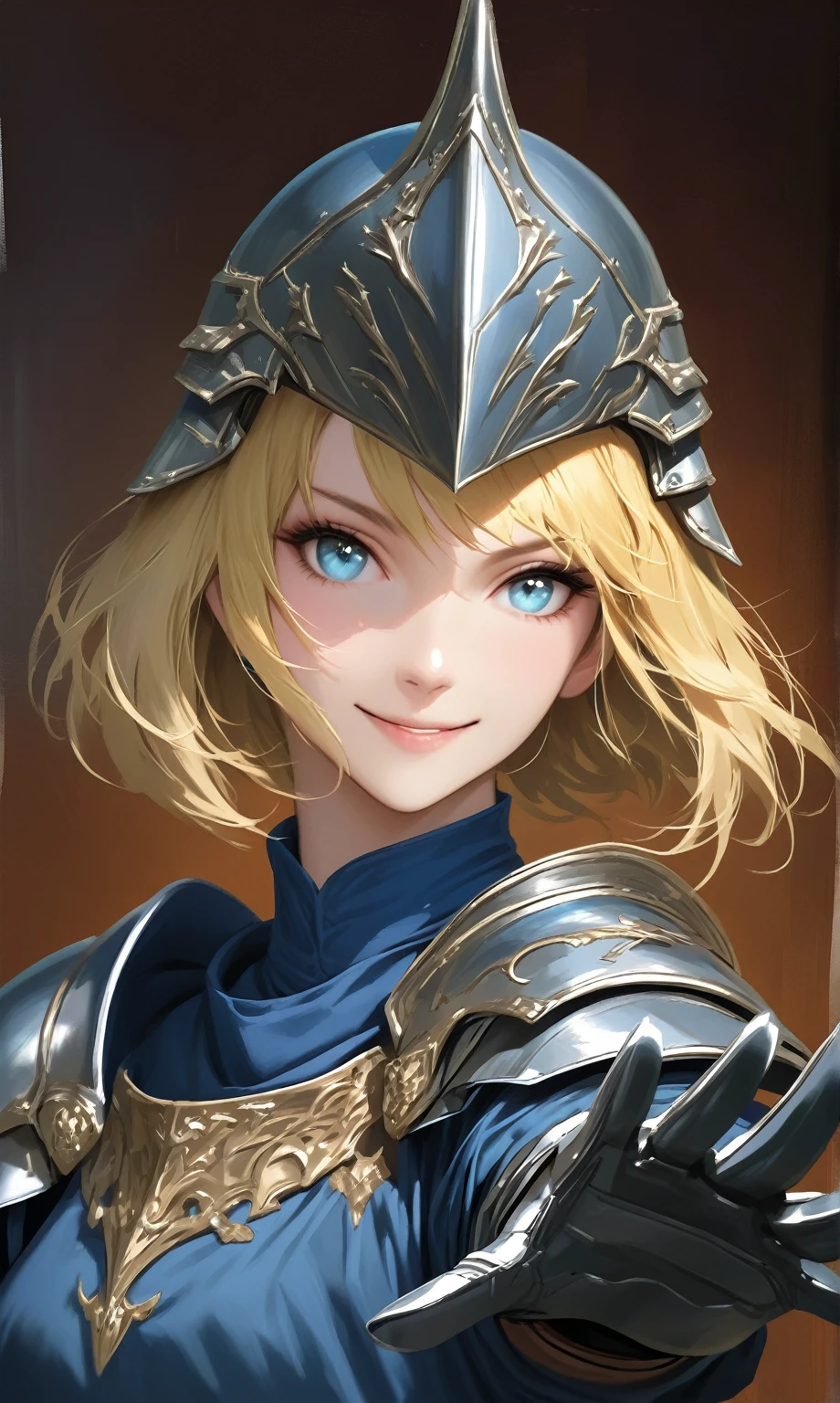 (woman), masterpiece, best quality, yellow hair, ((short hair)), blue medieval shirt, wearing armor, helmet, light blue eyes, realistic anime style, smiling, ((portrait)), metal gloves, smiling, extending your hand.