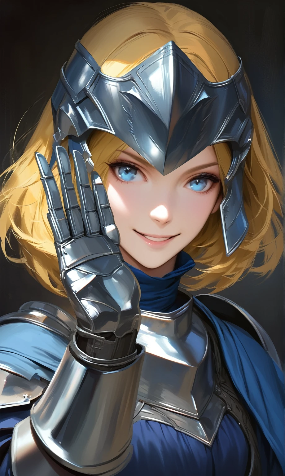 (woman), masterpiece, best quality, yellow hair, ((short hair)), blue medieval shirt, wearing armor, helmet, light blue eyes, realistic anime style, smiling, ((portrait)), metal gloves, smiling, extending your hand.