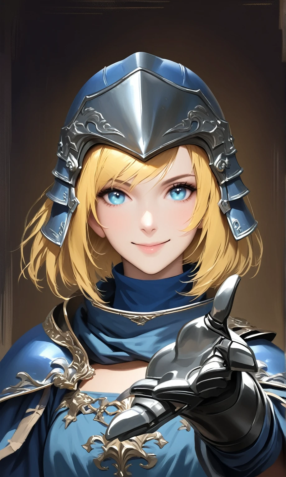 (woman), masterpiece, best quality, yellow hair, ((short hair)), blue medieval shirt, wearing armor, helmet, light blue eyes, realistic anime style, smiling, ((portrait)), metal gloves, smiling, extending your hand.