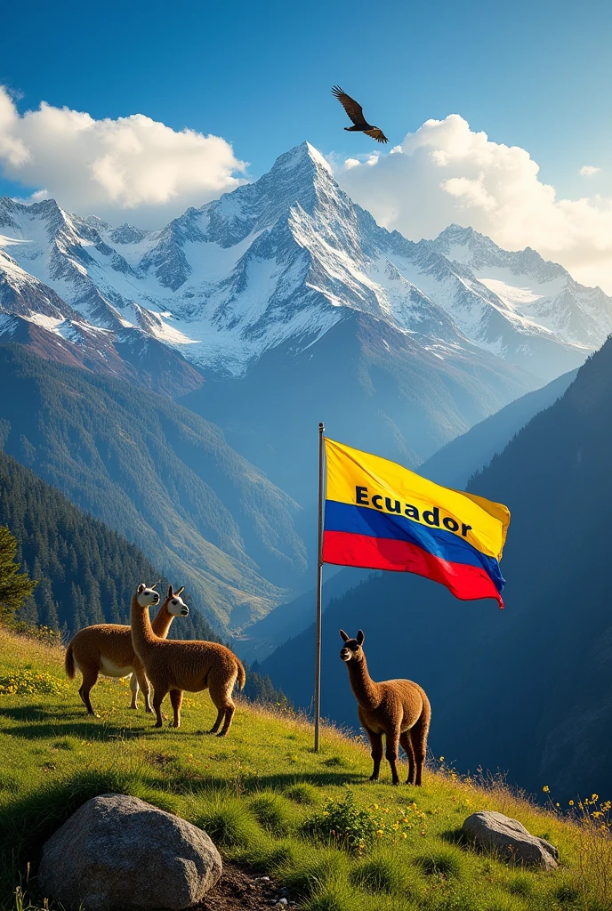 The flag of Ecuador and the name of Ecuador in letters. In the other half of the image a landscape with the Ecuadorian mountain range with snowy peaks and animals such as condors and llamas.