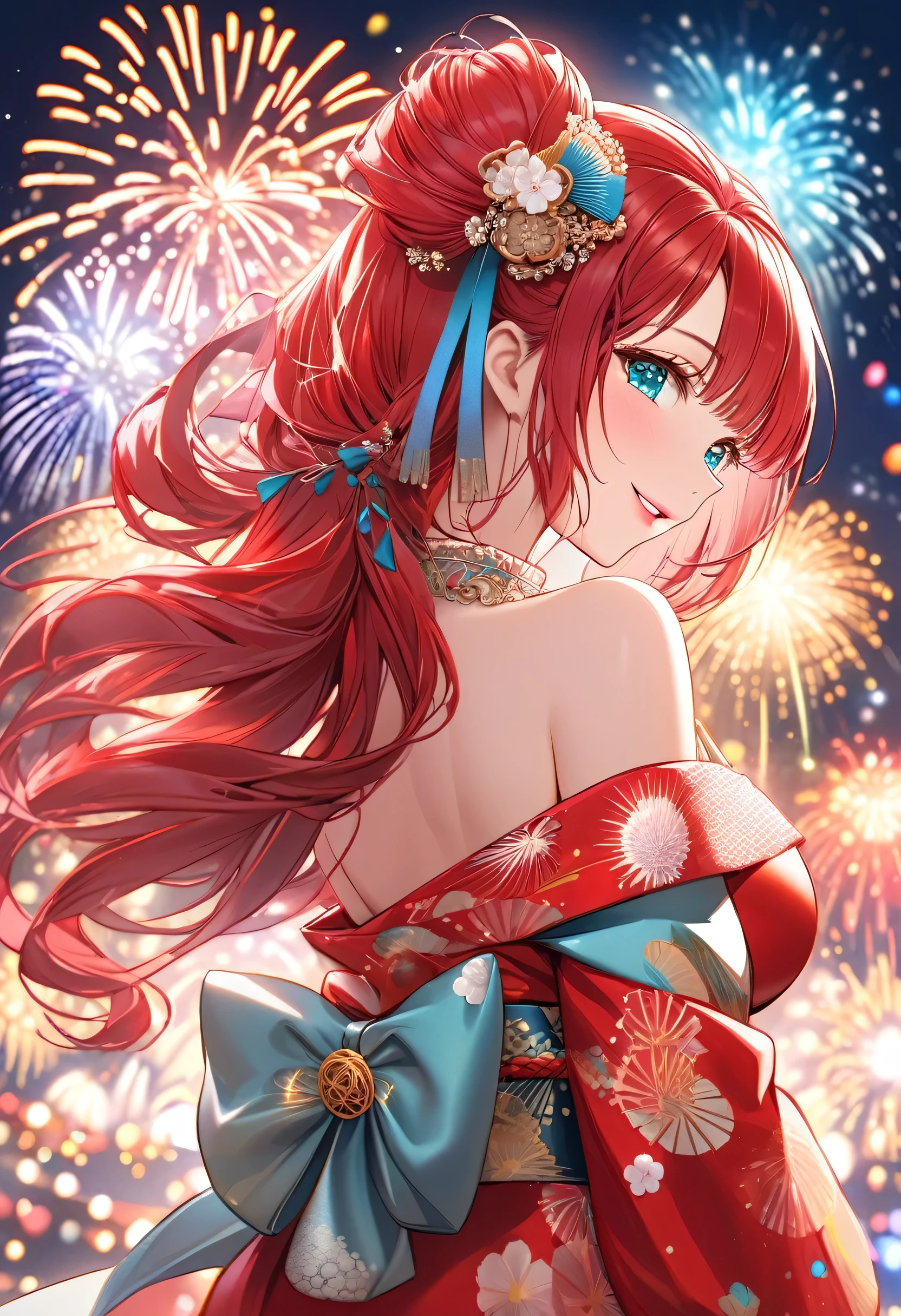 {worst quality, low-quality}, ((a closeup)), (girl with:1.2), (Big breasts), (A turquoise Red-haired, short-cut:1.3), plump shiny lips, Beautiful clear eyes, (The best smile), Spoken Heart, (perfect hand:1.2), (back view:1.3), (firework theme:1.4), (Japanese courtesan girl with:1.3), (Comes with maxi length Red kimono [yellow] Obi:1.4), (Highly detailed and colorful embroidery and fancy firework patterns :1.3), (off shoulders:1.4), (geta:1.2), (Fancy hair ornaments:1.3), ((super huge ribbon:1.2) in front of the waist:1.3), low angle shot, (dazzling fireworks light1.4), (beautiful fireworks background:1.2), masutepiece,Best Quality,ultra-detailliert, masterpiece,
