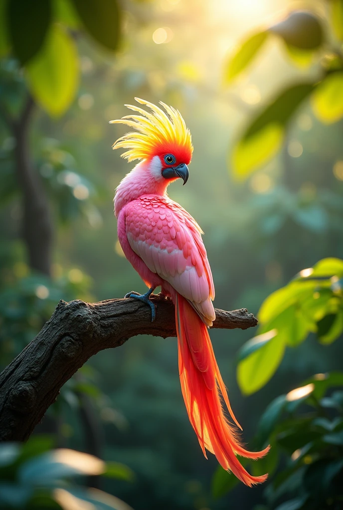 A majestic bird with pink feathers, a vibrant yellow and orange crest, and a long tail adorned with colorful spots, perched on a branch with a blurred green forest background.