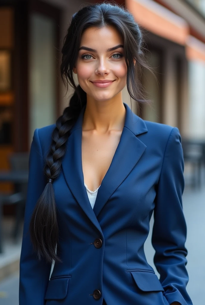 A highly realistic, detailed portrait of a young Italian woman with long, black hair braided into a ponytail. She has striking blue eyes and a beautiful, natural smile, without makeup. The woman is very attractive, with a slim figure and a full chest. She is dressed in an elegant, tailored blue suit that highlights her sophisticated style. The background is a modern, upscale urban setting, perhaps near an office building or a stylish café, with soft natural lighting that enhances the realism and details of her appearance, including her confident posture and the texture of her clothing