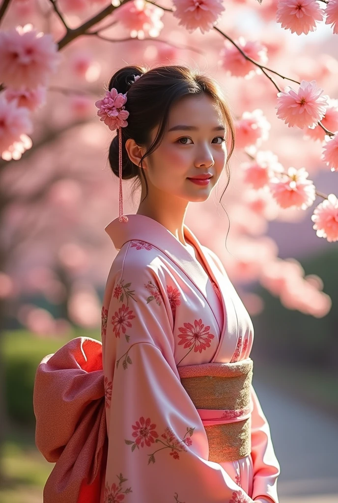 A girl wearing a kimono revealing her big round breasts 