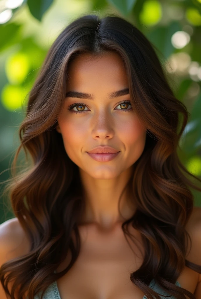 One with wavy dark brown type 2c hair and big eyes the same color as her hair and skin color like coffee with milk