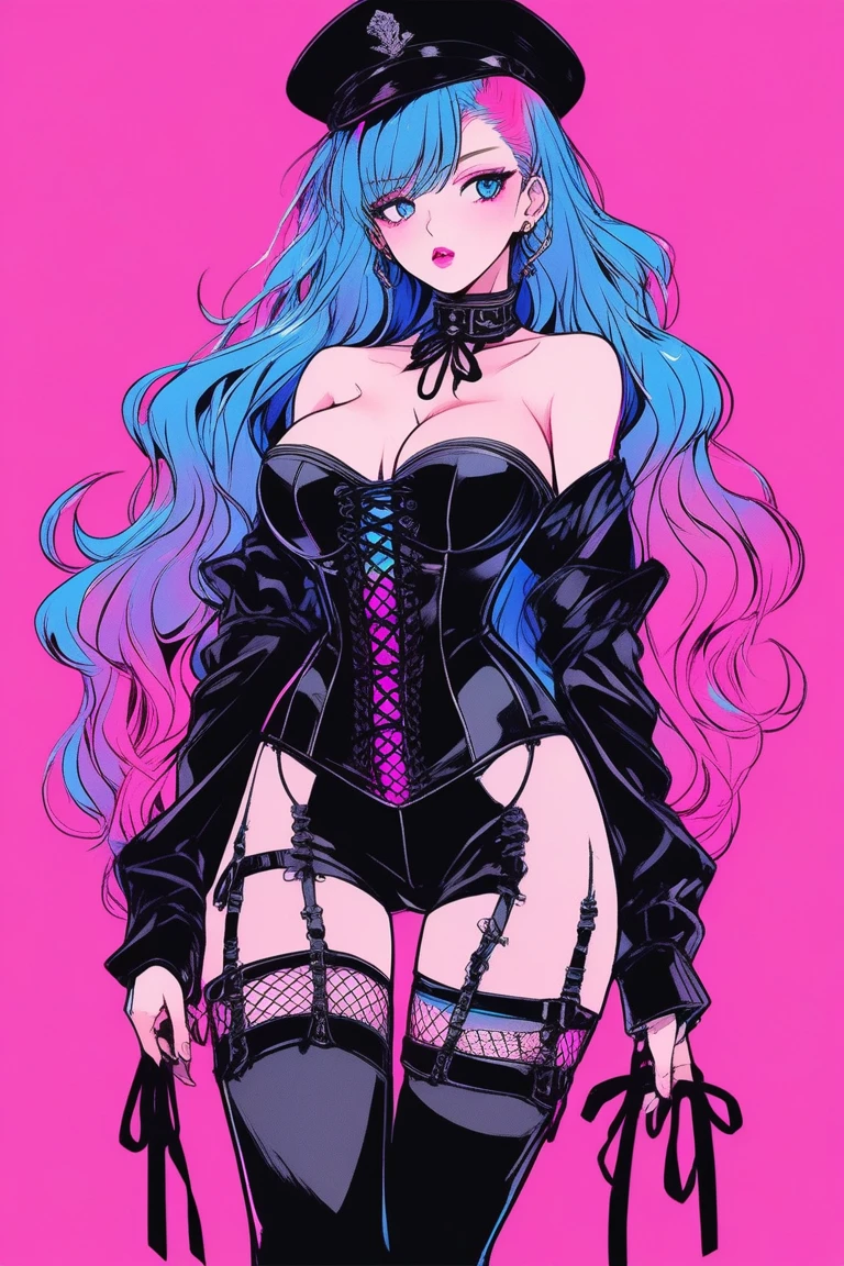 Illustrator, anime , Realistic ,sketch , 1 person, model, lip, wearing strapless and corset-like body suit, wearing black fishnet stockings and black boots with laces, order, Blue and pink gradient background, Neon colored hair, Big Breasts, Sexy look, Sexy pose, Texture Trim, Russia, (masterpiece,Highest quality)