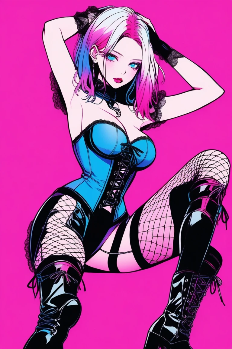 Illustrator, anime , Realistic ,sketch , 1 person, model, lip, wearing strapless and corset-like body suit, wearing black fishnet stockings and black boots with laces, order, Blue and pink gradient background, Neon colored hair, Big Breasts, Sexy look, Sexy pose, Texture Trim, Russia, (masterpiece,Highest quality)