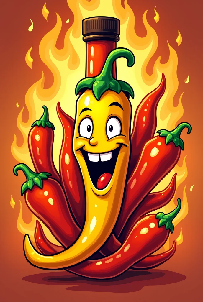 Hot sauce logo, based on yellow habanero chili, It will be called chiloko, it could be a yellow habanero chili with a crazy face, But nice , with flames in the background