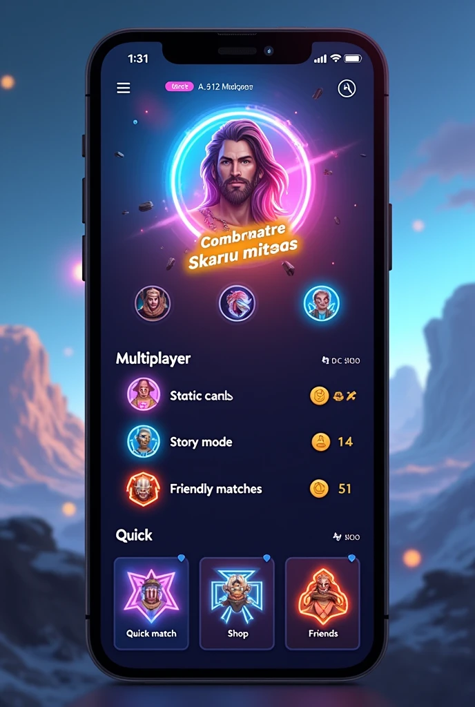 The application interface that contains the player&#39;s avatar, coin balance, position on the leaderboard, rating points. Below is the player menu Multiplayer, story mode, Friendly matches. At the bottom of the screen there is a quick menu with basic functions. Deck, shop, home, quick match,  Friends. Interface image in vertical design.