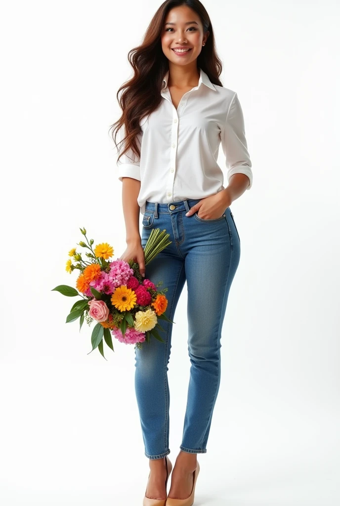 Thai woman, adult, yellow skin, brown hair, wear white shirt, blue skirt jeans, high heal , white background, 4k, hold bunch of flowers