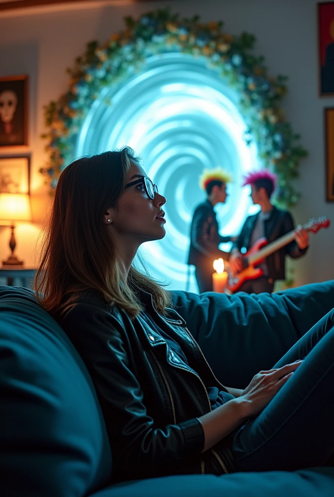 A woman sitting on a sofa with glasses looking towards a portal that opened in the living room,Inside the portal there are 2 punk teenagers in a musical battle with an alien