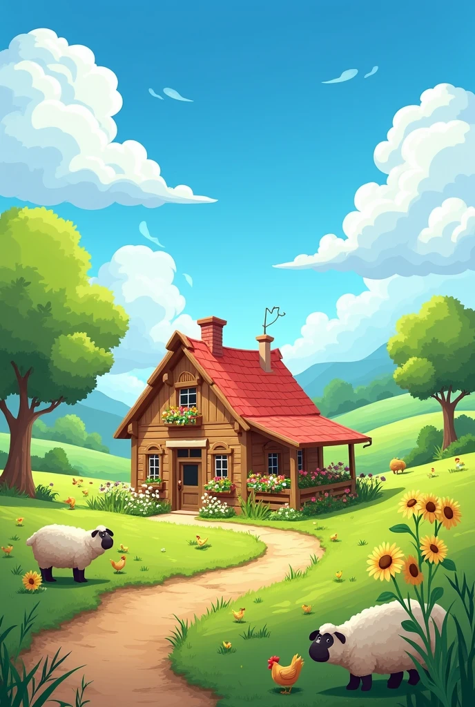 A cute little wooden cottage on a farm .animated cartoon