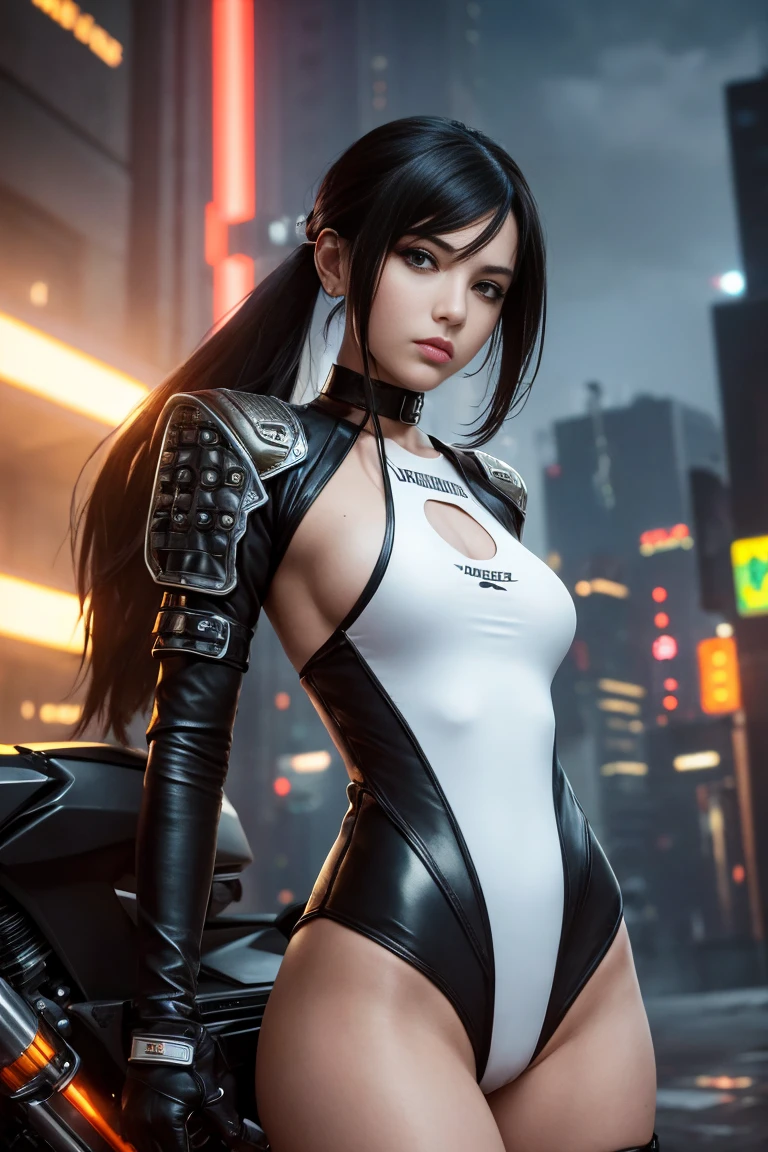 Huntress riding a high-tech motorcycle, Shoot high-tech artillery, Sparks from the gun, (1 female, brown eyes, white skin, Twin-tailed black hair, choker, small breasts, skinny, lip whole, compensate, eyeliner, Russia), Wearing black one-piece leather armor, Long leather gloves, long Leather boots, In a cyberpunk town at night, (cyberpunk theme), (masterpiece, highest quality, 8K, sharp focus, Depth of bounds written, best shadows, perfect light, HDR, realistic skin texture, Ultra-detailed and detailed background), wide shot
