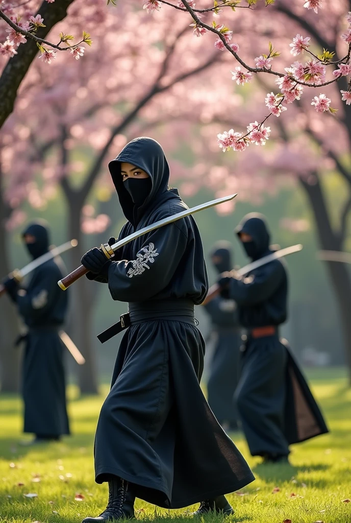 Japanese ninja in ninja uniform training head-on with other ninjas in the afternoon