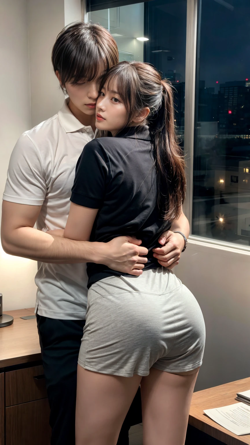 A handsome CEO with his beutiful girlfriend, having sexual intercourse together with him in his luxury office at night. While he carefully romantically falls down her hair., Hug from behind., low ponytail, beautiful flowing hair, bangs, A tight polo shirt that expresses the roundness and softness of your chest.,Don't expose it,Protruding big, Erotic shorts, Standing Elegantly、beautiful thick legs