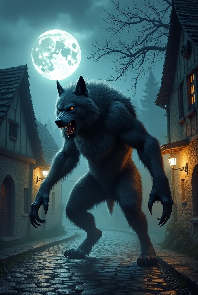 Create an image of a werewolf, roaring, arms open, ready to attack, walking on a road, with a medieval European village in the background on a full moon night.