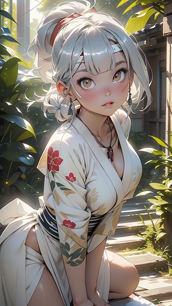 japan girl from ancient Japan,1girl,
(large breasts:1.4),((((hair tied back and bangs hanging,(silver hair))))),(((yellow_eyes:1.3))),intricate eyes,beautiful detailed eyes,symmetrical eyes,((((lustrous skin:1.5,tanned skin,bright skin: 1.5,skin tanned,shiny skin,very shiny skin,shiny body,Reflective skin)))),(spider lower abdomen,narrow waist,wide hip,athletic body,inflated legs,thick thighs,(detailed face)),beautiful detailed lips,
cute,slutty,sensual,seductive look,seductive,((erotic)),opulent,sumptuous,((nsfw)),
((red kimono and Japanese warrior armor:1.2)),(kimono,half-naked kimono:1.5,winter print kimono),(White headband:1.5),(winter necklace:1.5),
(flirtatious pose:1.3), looking at viewer,embarrassed,centered,scale to fit dimensions,Rule of thirds,
outdoors,(waterfall,bamboo,river,snow bamboo forest,japanese temple,red lanterns burning,temple in the snow forest,mossy stairway in the temple,dilapidated temple,bamboo sanctuary,),scenery,extremely scenery,winter,scenery:1.25,((intricate scenery)),((snow bamboo forest background)),
(Glossy winter ornaments),highres,sharp focus,(ultra detailed,extremely detailed),(photorealistic artwork:1.37),(extremely detailed CG unity 8k wallpaper),(((vibrant colors,vibrant theme))),(intricate),(masterpiece),(best quality),artistic photography,(photography taken by sldr),(intricate background),perfect rendered face,perfect face details,realistic face,photo realistic,((intricate detail)),(((realism))),