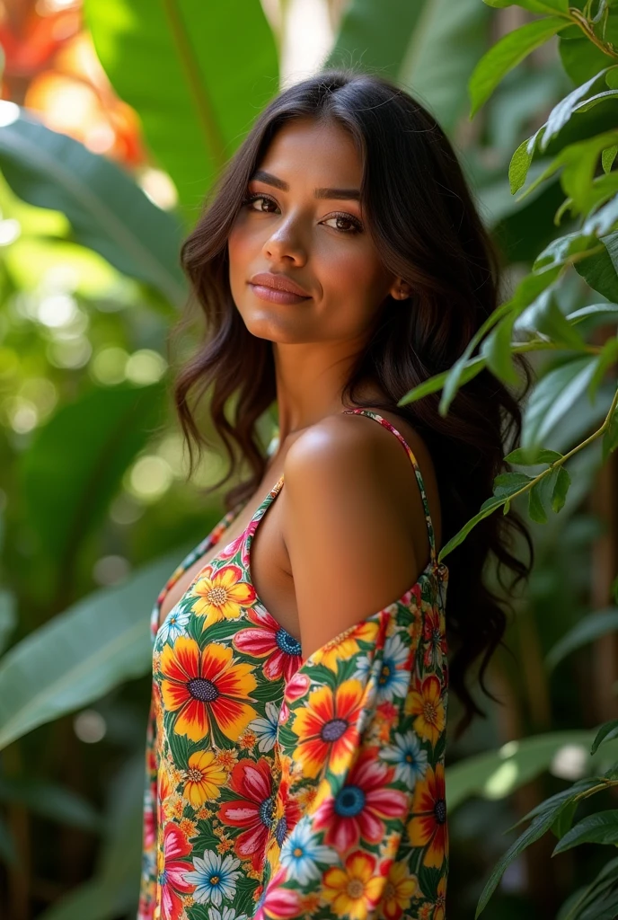 A Brazilian woman in a lush tropical garden, wearing an open shirt with a floral print, with a close-up capturing the harmonious beauty between her breasts and the natural flowers, showing off your natural charm and outgoing personality.