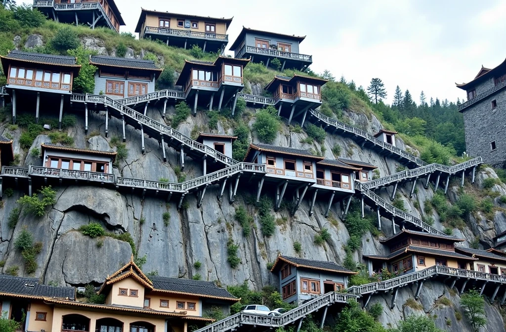 a series of buildings built into a steep mountainside. The buildings have a traditional Asian architectural style, with sloping roofs and wooden details. The houses are arranged on several levels along the mountain, connected by stairs and walkways that wind up the hillside. The surrounding landscape is green and mountainous, with trees and vegetation scattered across the rocky terrain. The construction appears to integrate harmoniously with nature, creating an impressive and challenging view.
These types of buildings are known for their unique engineering and can be found in mountainous regions of China.