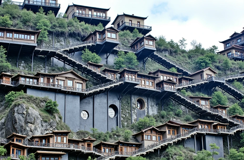 a series of buildings built into a steep mountainside. The buildings have a traditional Asian architectural style, with sloping roofs and wooden details. The houses are arranged on several levels along the mountain, connected by stairs and walkways that wind up the hillside. The surrounding landscape is green and mountainous, with trees and vegetation scattered across the rocky terrain. The construction appears to integrate harmoniously with nature, creating an impressive and challenging view.
These types of buildings are known for their unique engineering and can be found in mountainous regions of China.