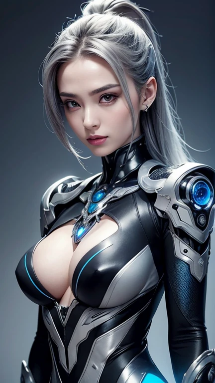 a female with a highly detailed and futuristic cybernetic design, featuring an intricate array of mechanical elements integrated with human features, highlighted by a central glowing chest piece and illuminated adornments near the head. The individual's expression is neutral yet intense, with sharp, symmetrical features that convey a sense of otherworldly beauty and resilience, enhanced by the cold color palette dominated by blues and silvers, medium long shot ,dynamic pose, medium long shot