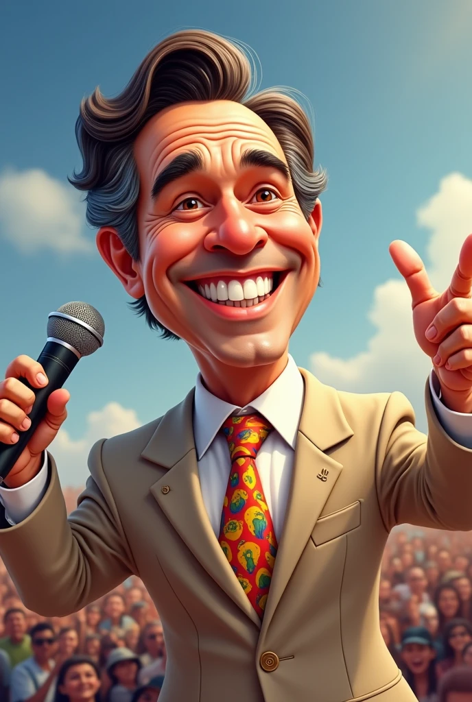 A caricature of a famous Brazilian TV presenter, Silvio Santos. Focus on her big, bright smile with very white, prominent teeth. His skin should be fair, reflecting his white complexion. His hair should be voluminous, combed back and dark brown with some gray highlights to represent his advanced age. His expression should be friendly and excited, with eyes half-closed, as if he is smiling or laughing. He is dressed in a light-colored suit, such as beige or light brown, with a tie. colorful and bold. The microphone is attached to his tie, with the other arm making an expansive gesture, as if he were telling a story or interacting with the audience, and his appearance should reflect an older, wiser version of his appearance. iconic. com microfone