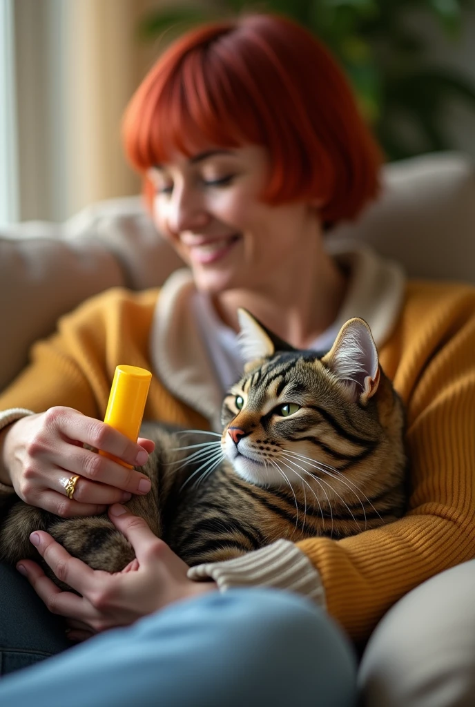 RED HAIRED woman WITH shorth hair is sitting on the sofa, holding an empty yellow tube of bone health supplement in her hand while petting a cat next to her. The scene has been captured using a Canon eos r5 camera. It's a close-up shot of both the woman and cat. A blurred background can be seen. The style of the photo is in the style of a casual snapshot.