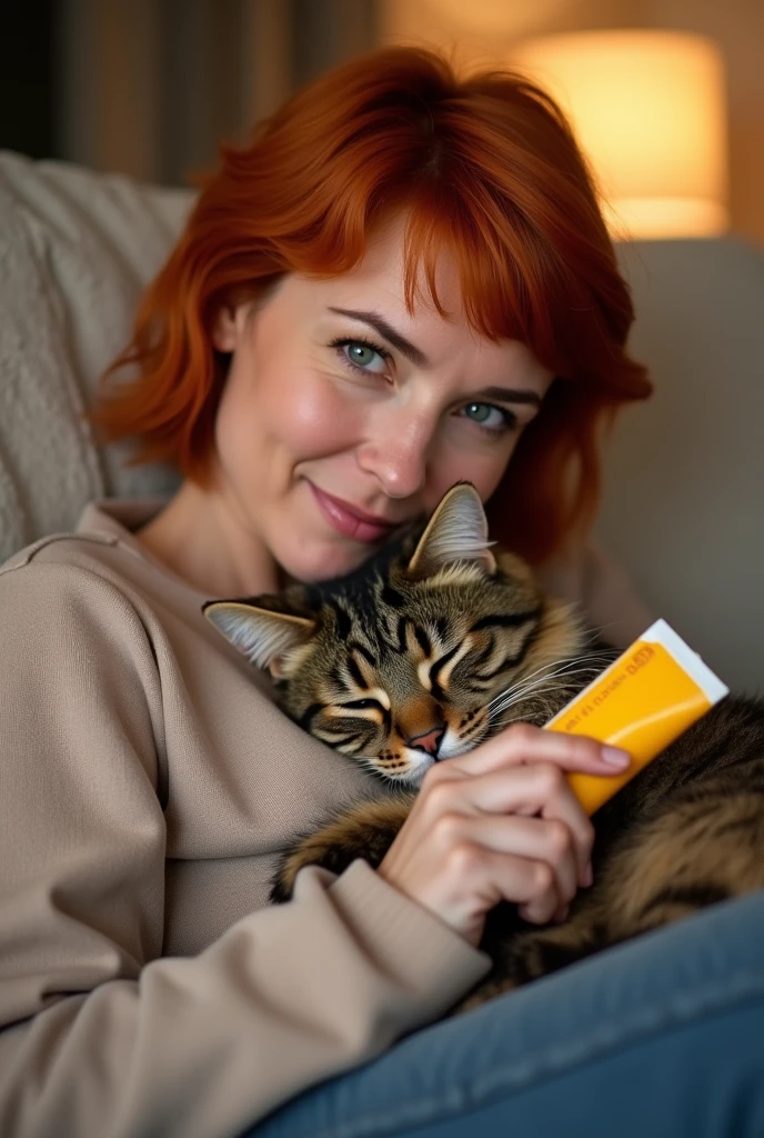 RED HAIRED woman WITH shorth hair is sitting on the sofa, holding an empty yellow tube of bone health supplement in her hand while petting a cat next to her. The scene has been captured using a Canon eos r5 camera. It's a close-up shot of both the woman and cat. A blurred background can be seen. The style of the photo is in the style of a casual snapshot.