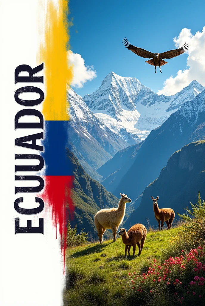  The flag of Ecuador on the left vertical side and the name of Ecuador in letters. In the other half of the image a landscape with the Ecuadorian mountain range with snowy peaks and animals such as condors and llamas 