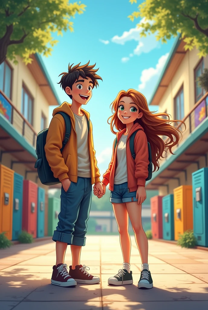 Two teenage lovers holding hands smiling at a school
