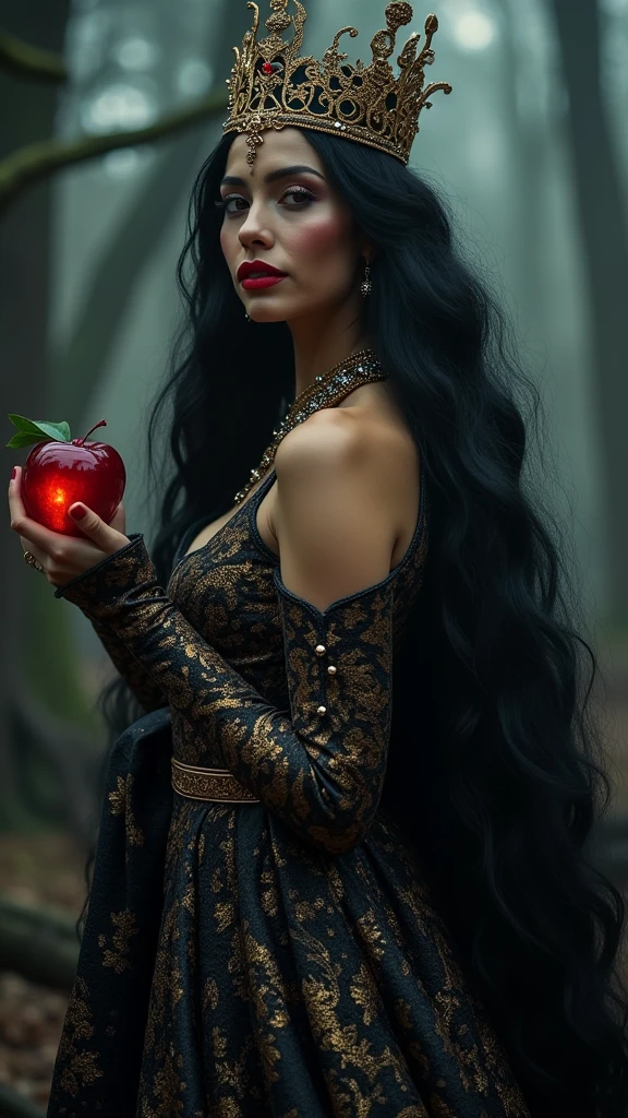 Black long hair，Black Queen，Accessories，Apple in hand，Poison apples，Witch Queen，Red lipstick